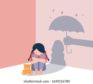 Sad little girl with teddy bear sitting on floor, shadow on the wall is a hand with umbrella protects her. Child abuse, violence against children concept design. 
