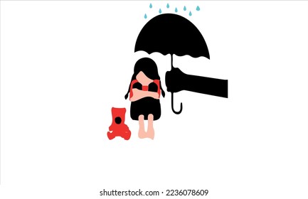 
Sad little girl with teddy bear sitting on the floor, umbrella with a hand protects her. Child