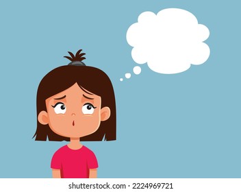 Sad Little Girl with Thinking Bubble Vector Cartoon Illustration. Stressed child feeling clues wondering what to do
