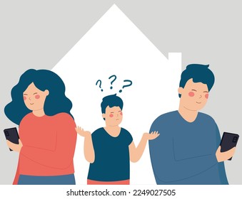 Sad little kid boy ignored by his parents. Addict mother and father using mobile phone and neglecting their son who is bored, lonely and feeling abandoned. Negative parenting concept