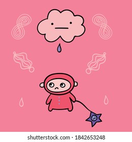 sad little man drags a sad star and a drop of rain falls on him. vector kid illustration