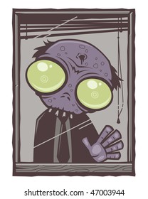 Sad little office zombie staring out of his window.