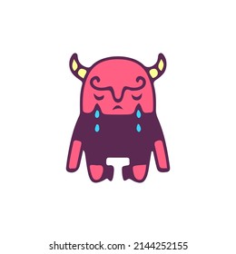 Sad little red evil, illustration for t-shirt, sticker, or apparel merchandise. With doodle, retro, and cartoon style.