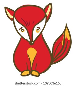 A sad little red fox with long tail vector color drawing or illustration