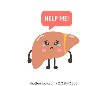  Personaje de hígado triste llorando y pidiendo ayuda con una burbuja de discurso. Representa enfermedades hepáticas, cirrosis, hepatitis e impactos de estilo de vida poco saludables. Conciencia médica y concepto de salud de órganos. Moderna Ilustración vectorial de dibujos animados.