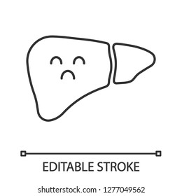 Sad liver linear icon. Thin line illustration. Unhealthy digestive gland. Liver diseases. Contour symbol. Vector isolated outline drawing. Editable stroke