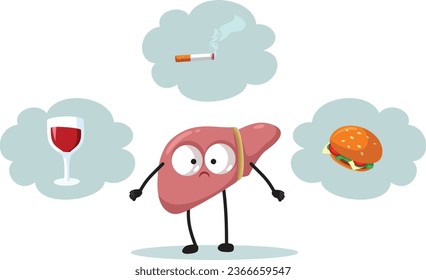 
Sad Liver Suffering from Unhealthy Habits Vector Cartoon illustration. Sick internal organ feeling unwell from bad lifestyle 
