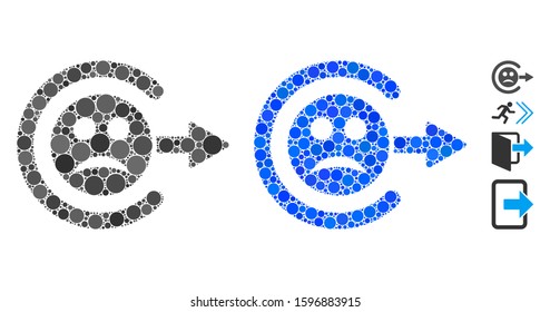 Sad logout mosaic of spheric dots in different sizes and color hues, based on sad logout icon. Vector round dots are united into blue composition. Dotted sad logout icon in usual and blue versions.