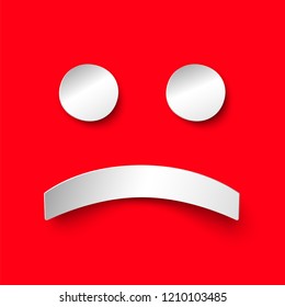 Sad loneliness white paper smile on red background. Illustration in paper style with shadow. Depressive vector smiley