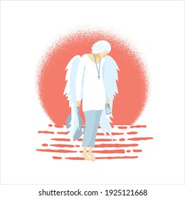 Un ángel triste y solitario caminando por el agua con alas hacia abajo contra la puesta de sol.