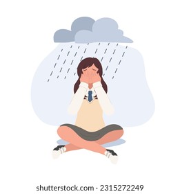 Sad lonely Asian high school girl in depression. Young unhappy girl sitting and cry. Depressed in teenager. Flat vector cartoon illustration