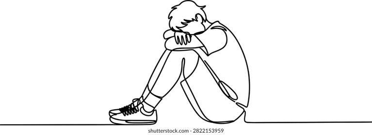 Sad lonely boy sitting and hugging his knees continuous line drawing