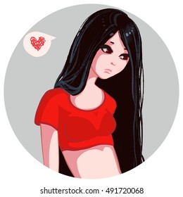 Sad and lonely brunette girl. Vector circle icon