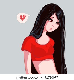 Sad and lonely brunette girl. Vector icon