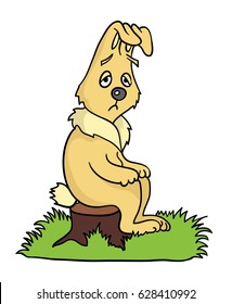 Sad lonely cartoon hare sitting on a stump, vector illustration.