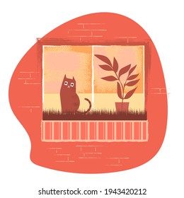 Sad lonely cat in the window. Vector illustration of characters in the style of hand drawing.