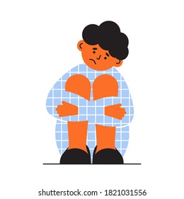 Sad lonely child sitting on floor and self embracing. Depressed boy in plaid pajamas hugging knees. Unhappy melancholy person. Frustrated man vector illustration. Sadness, mental health issue concept