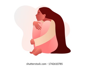 Sad lonely depressed girl sitting on the floor. Young unhappy woman hugging her knees. Cartoon character. Depressed teenager. Vector illustration in flat style