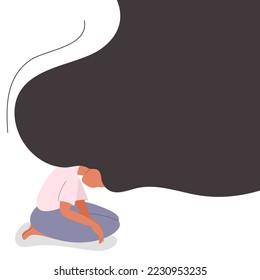 Sad lonely depressed woman with flying hair. A young unhappy girl sits with her hands down. Colorful vector illustration in flat cartoon style.
