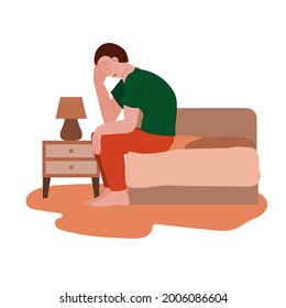 trauriger einsamer depressiver Mann, der auf dem Bett sitzt. Kopfschmerzen, Depressionen und psychische Gesundheit. psychische Störungen und Psychotherapie. Stock-Vektorgrafik eines Jungen auf weißem Hintergrund.

