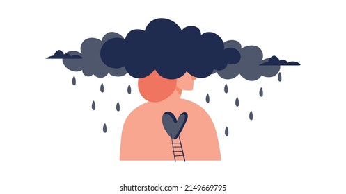 Sad lonely faceless woman without a heart with her head in the rainy clouds. The concept of psychological assistance to adolescents, depressive disorder, psychological problems, childhood trauma. Flat
