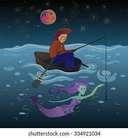 sad and lonely fisherman in a boat under the moon just before meeting the pretty mermaid