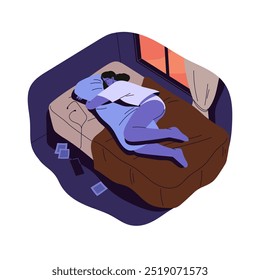 Sad lonely girl hugs pillow during rest in bed. Depressed young woman lying, sleeps alone. Asleep person is in solitude. Loneliness concept. Flat isolated vector illustration on white background