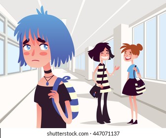 Sad lonely girl looking at two school friends talking and laughing together. Vector illustration of social problem. Blue girl with communication problem in flat cartoon style. School life.