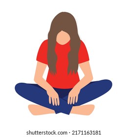 A sad and lonely girl sat in a lotus position on the floor and lowered her head. Depression, sadness, sadness, mental disorder, illness. Flat isolated vector illustration