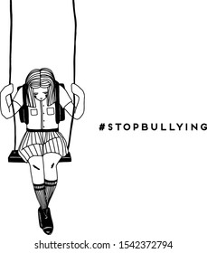 Sad lonely girl sits on swing alone. Hand drawn simple vector illustration with text stop bullying. Social problems of humanity.