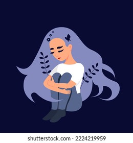 Sad Lonely Girl Sitting And Hugging Her Knees. Depressed Teenager. Colorful Vector Illustration In Flat Cartoon Style