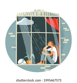 Sad Lonely Girl Sitting At Window. Young Woman Alone And Depressed Vector Illustration. Unhappy Upset Person At Home With Cat And Plant, Cloud With Rain Emotions. Loneliness And Despair.