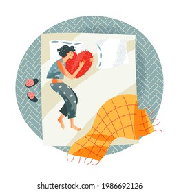 Sad lonely girl sleeping in bed alone. Young single woman depressed vector illustration. Unhappy upset person at home lying and hugging pillow. Loneliness and despair in house.