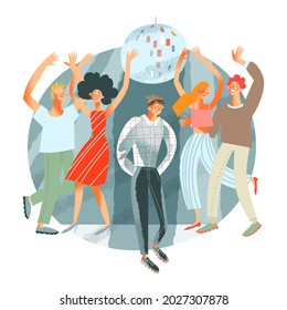Sad lonely guy alone at party, happy people dancing nearby. Young man depressed indoor vector illustration. Unhappy upset person in group of people. Loneliness and despair.