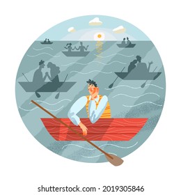 Triste hombre solitario solo en barco, parejas felices en el agua cerca. Hombre joven deprimió la ilustración vectorial exterior. Una persona disgustada y descontenta en grupo. Soledad y desesperación.