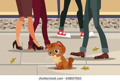Sad Lonely Homeless Lost Poor Little Cat Child Character Sitting On Street. People Past Away. Vector Flat Cartoon Illustration