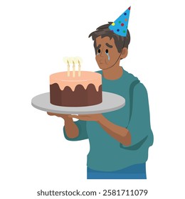 sad lonely man celebrating birthday without friends, concept of loneliness and abandonment. vector illustration.