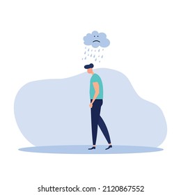 Sad lonely man in depression lowered his head and wanders in the rain.