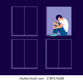 Sad lonely man in depression sitting on a windowsill in an open window. Metaphor of Psychological crisis, regret or sad feelings. Flat Art Vector Illustration