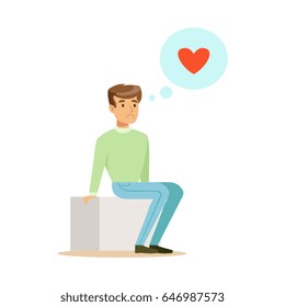 Sad lonely man in love sitting and dreaming colorful character vector Illustration