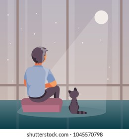 Sad and lonely man sits at a window and looks at the moon. Vector illustration