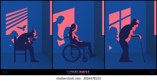 Sad lonely people. Blue red silhouette at window. Home self-isolation
