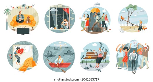 Sad lonely people set. Women and men alone and depressed vector illustration. Unhappy upset girls and guys at home, at party, outdoor, child and elderly lady. Loneliness and despair.