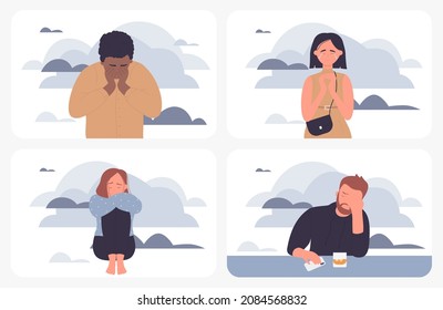 Sad lonely person sitting with rain clouds and fog of depression set vector illustration. Cartoon young man woman characters feel sorrow, depressed girl crying. Psychotherapy, mental health concept