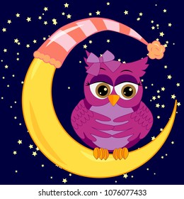 A sad lonely pink cartoon owl with a bow can not sleep at night, sitting on a sleeping moon among the stars. Concept of insomnia