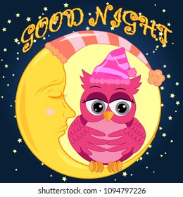 A sad lonely pink cartoon owl with a bow can not sleep at night, sitting on a sleeping moon among the stars. Concept of insomnia