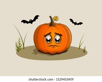 A sad lonely pumpkin with a leaf on a light background, she is afraid of Halloween and suffers. Grass grows around and black bats fly with burning eyes