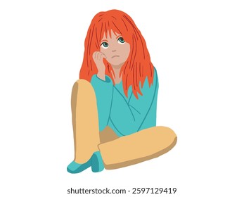 Sad Lonely Red Haired Woman Sitting in Melancholy and Depression Feeling Anxious, Thoughtful, Contemplative. Concept of Mental Health, Emotional Distress Solitude. Design, Lifestyle. White background.