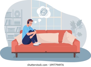 Sad lonely teen boy at home 2D vector isolated illustration. Sitting at home depressed. Child listening to music in headphones flat characters on cartoon background. Teenager problem colourful scene