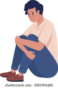 Sad lonely teenager boy semi flat color vector character. Sitting figure. Full body person on white. Teen problems isolated modern cartoon style illustration for graphic design and animation